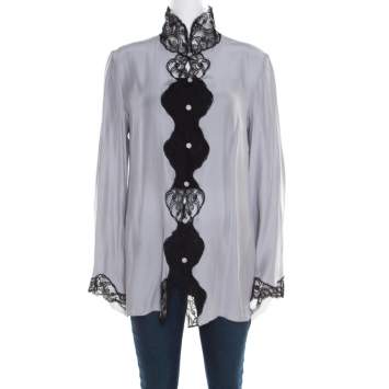 Pre Owned Emporio Armani Pearl Grey Silk Contrast Scalloped Lace Trim Flared Sleeve Shirt L