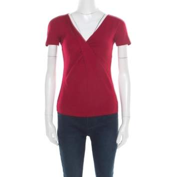 Pre Owned Emporio Armani Red Twist Front Detail Short Sleeve Top S