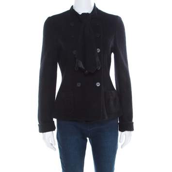 Pre Owned Emporio Armani Black Felted Wool Bow Detail Double Breasted Short Coat M
