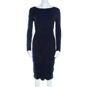 مملوكة مسبقًا Emporio Armani Navy Blue Paisley Jacquard Patterned Scalloped Sheath Dress M