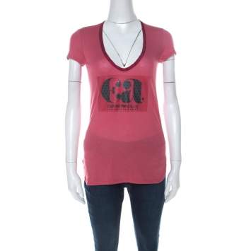 Pre Owned Emporio Armani Berry Pink Logo Print Jersey T-Shirt S