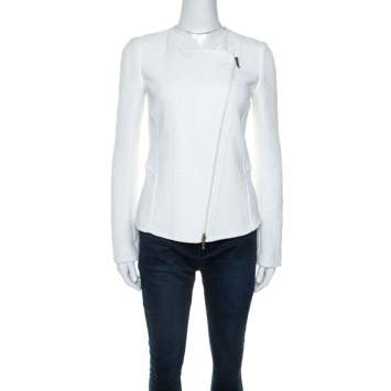 Pre Owned Emporio Armani White Waffle Knit Asymmetric Zip Front Blazer M