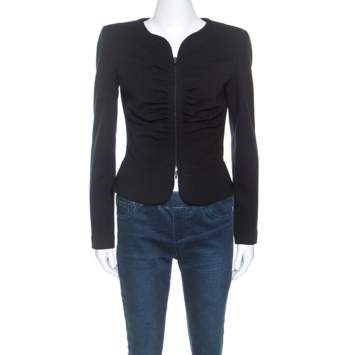Pre Owned Emporio Armani Black Stretch Knit Ruched Detail Zip Front Jacket M