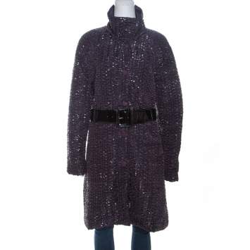 Pre Owned Emporio Armani Metallic Purple Textured Belted Coat M 