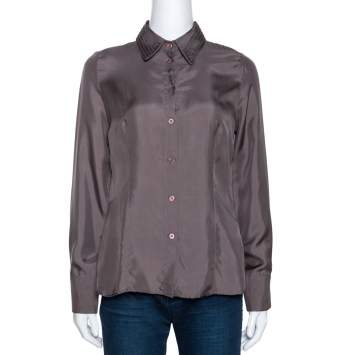 Pre Owned Emporio Armani Taupe Silk Collar Detail Shirt S