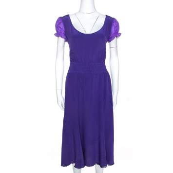 Pre Owned Emporio Armani Purple Silk Open Back Detail Puff Sleeve Dress M