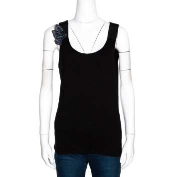 Pre Owned Emporio Armani Black Jersey Beaded Butterfly Applique Top M