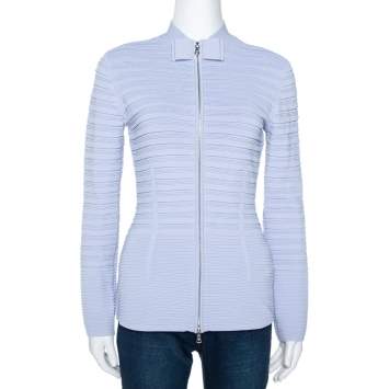 Pre Owned Emporio Armani Lilac Rib Knit Bow Detail Zip Front Cardigan S