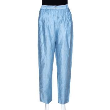 Pre Owned Emporio Armani Light Blue Linen High Waist Pants S