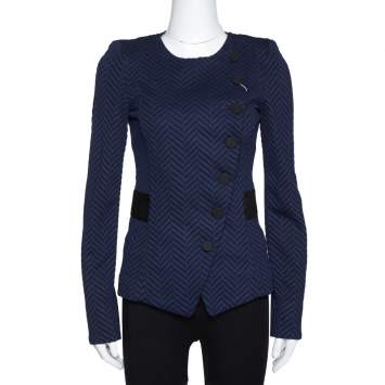 Pre Owned Emporio Armani Navy Blue Zig Zag Pattern Asymmetrical Jacket S
