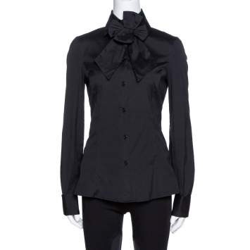 Pre Owned Emporio Armani Black Stretch Cotton Bow Detail Shirt M