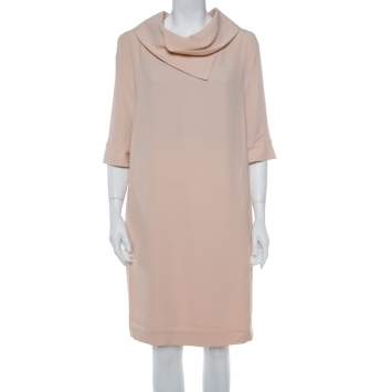 Pre Owned Emporio Armani Peach Crepe Collar Detail Shift Dress L