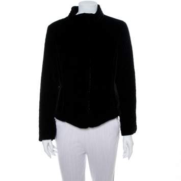 Pre Owned Emporio Armani Black Velvet Quilt Detail Stand Collar Jacket L