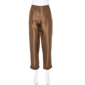 Pre Owned Emporio Armani Metallic Brown Silk Elastic Detail Cropped Pants M