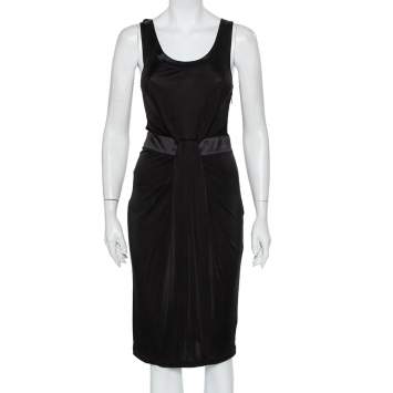 Pre Owned Emporio Armani Black Knit Contrast Trim Draped Detail Sleeveless Midi Dress S