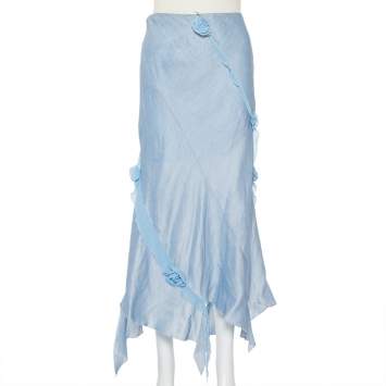Pre Owned Emporio Armani Blue Linen & Silk Floral Applique Trim Detail Midi Skirt M
