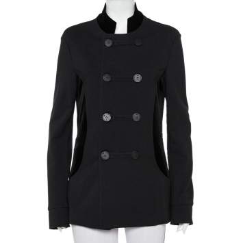 Pre Owned Emporio Armani Black Knit & Velvet Paneled Double Breasted Short Coat M