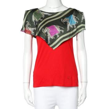 Pre Owned Emporio Armani Red Jersey Playful Elephant Print Silk Paneled Top S
