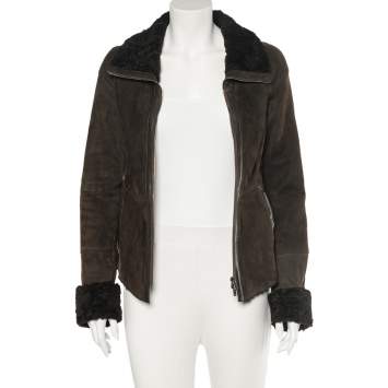 Pre Owned Emporio Armani Brown Fur Collar Detail Zip Front Jacket M