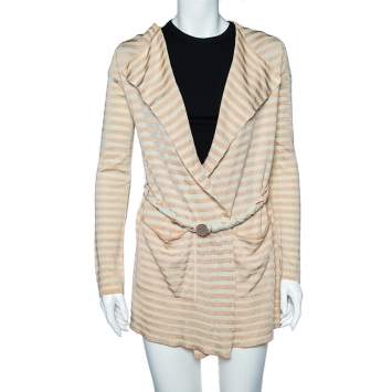 Pre Owned Emporio Armani Beige Striped Knit Belted Cardigan S