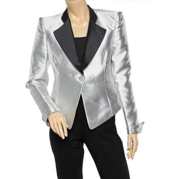 Pre Owned Emporio Armani Metallic Silver Synthetic Contrast Detail Cropped Blazer L