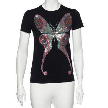 Pre Owned Emporio Armani Black Butterfly Print Cotton Sequins Top M