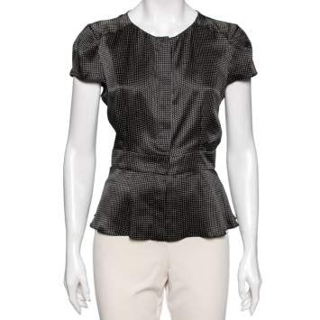 Pre Owned Emporio Armani Black Polka Dot Ruffled Hem Cap Sleeve Blouse L