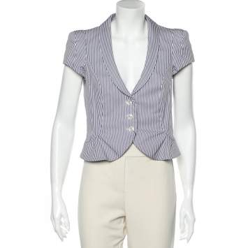 Pre Owned Emporio Armani Blue & White Striped Cotton Cropped Blazer M