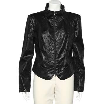 Pre Owned Emporio Armani Black Textured Cotton Zip Front Jacket L