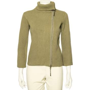 Pre Owned Emporio Armani Olive Green Rib Knit Zip Front Long Sleeve Jacket L