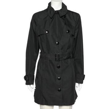 Pre Owned Emporio Armani Black Cotton Blend Belted Trench Coat L