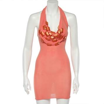 Pre Owned Emporio Armani Orange Knit Embellished Detail Halter Neck Mini Dress S