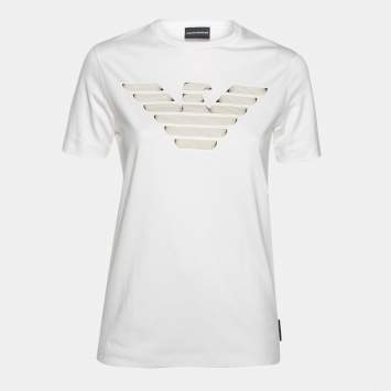 Pre Owned Emporio Armani White Logo Printed Cotton T-Shirt M