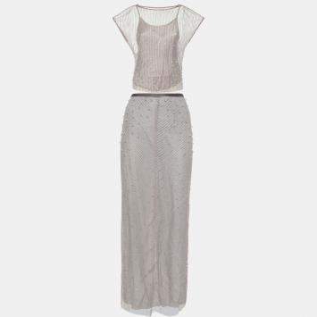 Pre Owned Emporio Armani Dusky Pink Bead Embellished Tulle Top & Midi Skirt Set M
