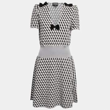 Pre Owned Emporio Armani Grey Patterned Knit Bow Detail Dress L