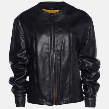 Pre Owned Emporio Armani Black Leather Zio Front Biker Jacket XL