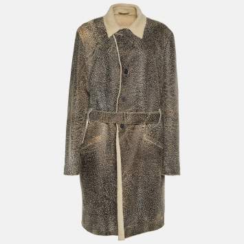 Pre Owned Emporio Armani Vintage Cream & Brown Embossed Leather Shearling Lined Coat XL
