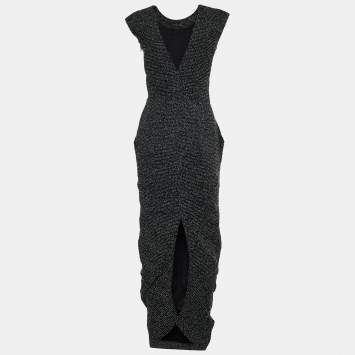 Pre Owned Emporio Armani Black Patterned Wool & Crepe Maxi Dress S