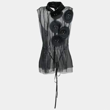 Pre Owned Emporio Armani Black Tulle Floral Appliqued Gathered Waist Top M