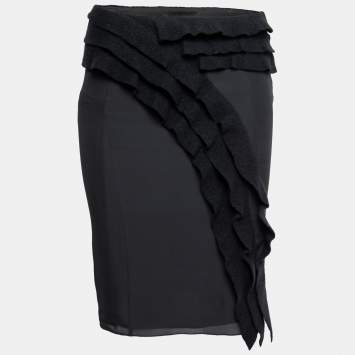 Pre Owned Emporio Armani Black Silk & Wool Ruffle Trimmed Skirt S