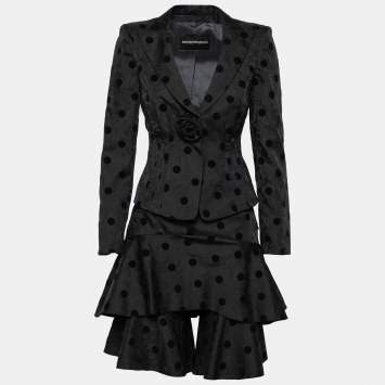 Pre Owned Emporio Armani Black Floral Jacquard Velvet Polka Dot Jacket & Skirt Set S