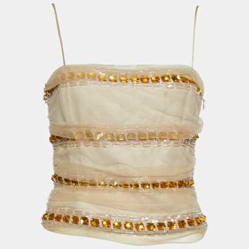 Pre Owned Emporio Armani Beige Mesh Embellished Crop Top M