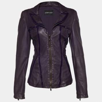 Pre Owned Emporio Armani Purple Leather Zip Front Jacket M