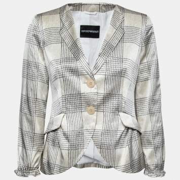 Pre Owned Emporio Armani Beige Checked Satin Silk Single Breasted Blazer M
