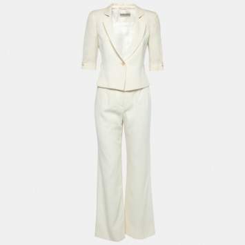 Pre Owned Emporio Armani Cream Textured Crepe Single Breasted Cropped Blazer & Pant Suit S