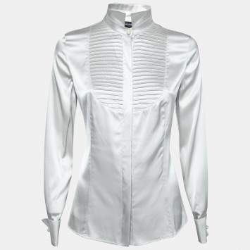 Pre Owned Emporio Armani Light Grey Silk Pleated Concealed-Button Shirt S  