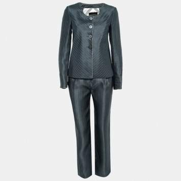 Pre Owned Emporio Armani Dark Grey Silk & Linen Button Front Jacket & Pant Suit M