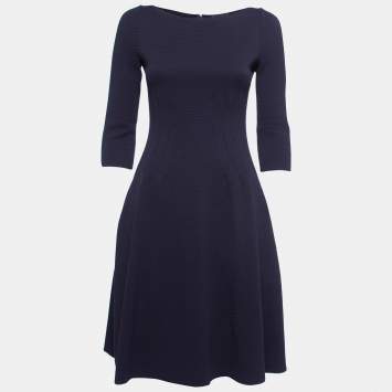 Pre Owned Emporio Armani Navy Blue Wave Pattern Knit Midi Dress M