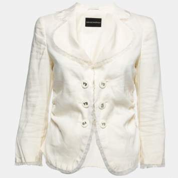 Pre Owned Emporio Armani Vintage Cream Cotton Blend Ruched Detail Blazer M
