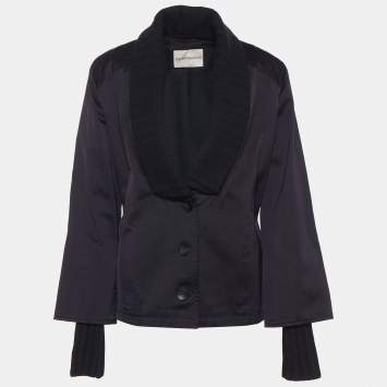 Pre Owned Emporio Armani Black Cotton & Knit Collar Detail Blazer L
